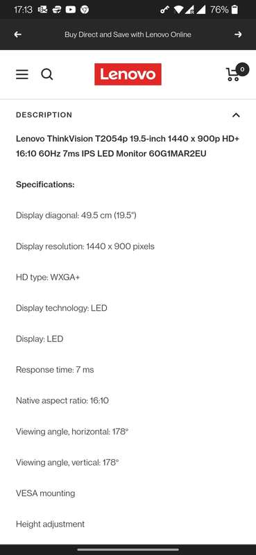 Lenovo ThinkVision 20 inch LED Wide WXGA+ Monitor T2054p with HDMI