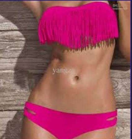Padded Boho Fringe Bikini Swimwear  - Hot Pink