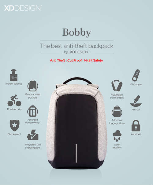 The original Bobby Anti-theft backpack by XD Design (Grey) THESE ARE THE LAST ONES AVAILABLE ON BOB
