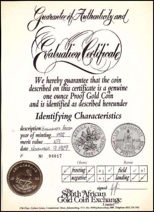 1988 - Proof Gold Protea 3 Coin Set - DIAS, LES HUGUENOTS & GROOT TREK Graded and Certified