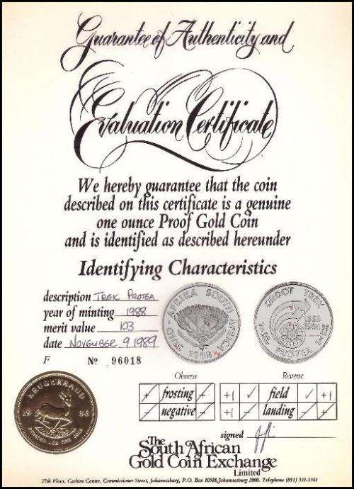 1988 - Proof Gold Protea 3 Coin Set - DIAS, LES HUGUENOTS & GROOT TREK Graded and Certified