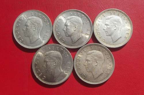5 QUALITY 1949 SILVER 5 SHILLING COINS. 80% SILVER. BID IS PER COIN TO TAKE ALL.