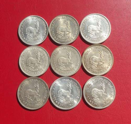 9  X BEAUTIFUL UNCIRCULATED 1947 + 1948 SILVER 5 SHILLING COINS. BID IS PER COIN TO TAKE ALL.