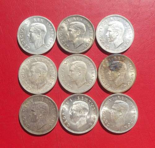 9  X BEAUTIFUL UNCIRCULATED 1947 + 1948 SILVER 5 SHILLING COINS. BID IS PER COIN TO TAKE ALL.