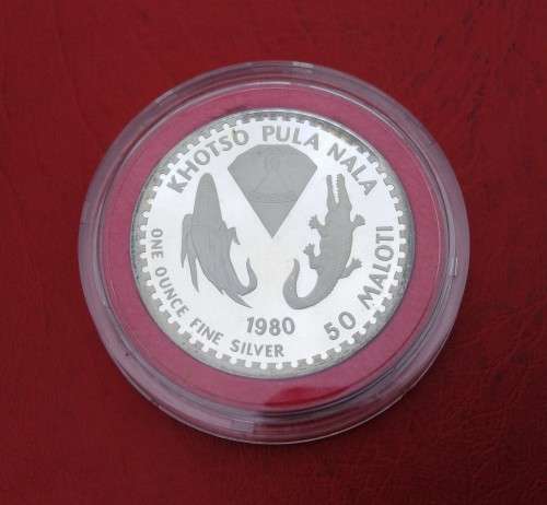 LESOTHO 1980 1 OUNCE PURE SILVER 50 MALOTI PROOF COIN.