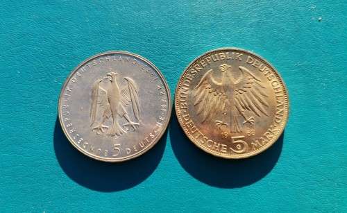 2 X GERMANY SILVER 5 MARK COMMEMORATIVE COINS. 11.2 GRAMS OF 62.5% SILVER EACH. BID PER COIN.