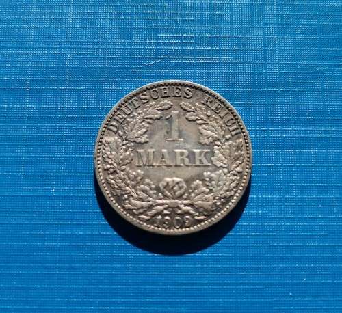 1909 GERMAN REICH SILVER 1 MARK COIN. 5.5 GRAMS OF 90% SILVER.