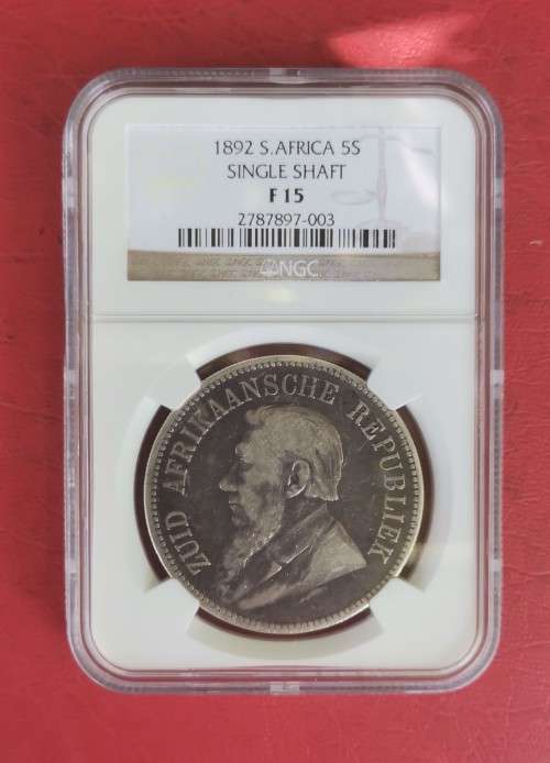ZAR 1892 5 SHILLINGS. SINGLE SHAFT. NGC F15. SCARCE GRADE.