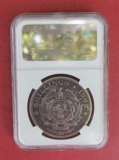 ZAR 1892 5 SHILLINGS. SINGLE SHAFT. NGC F15. SCARCE GRADE.