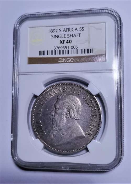 ZAR 1892 5 SHILLINGS. SINGLE SHAFT. NGC XF40. BEAUTIFUL COIN FOR THE GRADE.