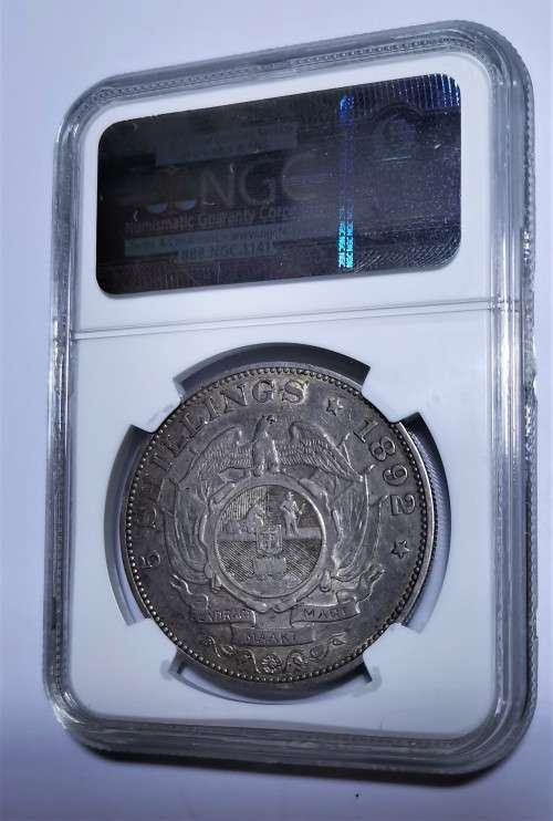 ZAR 1892 5 SHILLINGS. SINGLE SHAFT. NGC XF40. BEAUTIFUL COIN FOR THE GRADE.