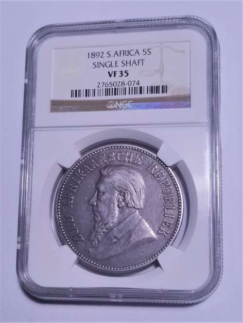 ZAR 1892 5 SHILLINGS. SINGLE SHAFT. NGC. VF35.