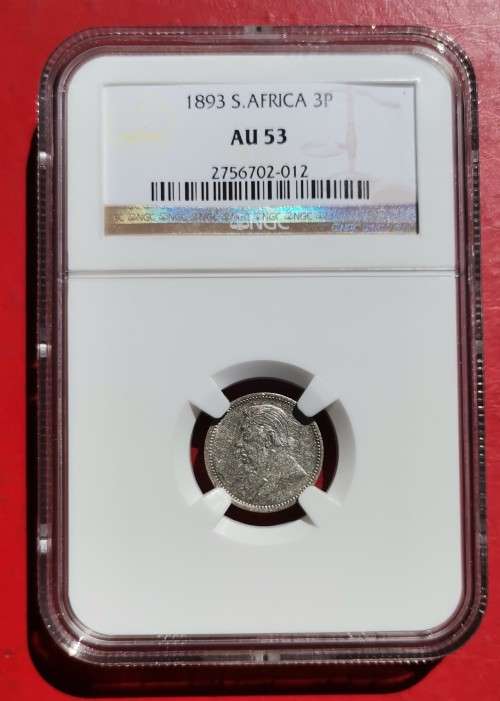 ZAR 1893 3P. NGC. AU53. SCARCE HIGH GRADE, YEAR AND COIN.