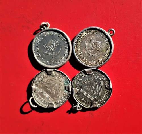 4 X SILVER 3P COINS IN SILVER SETTINGS. BID PER COIN TO TAKE ALL 4.
