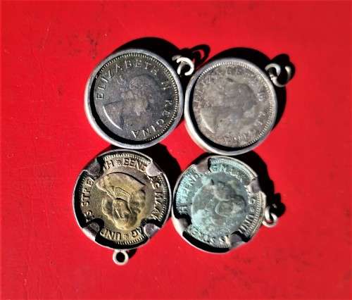 4 X SILVER 3P COINS IN SILVER SETTINGS. BID PER COIN TO TAKE ALL 4.