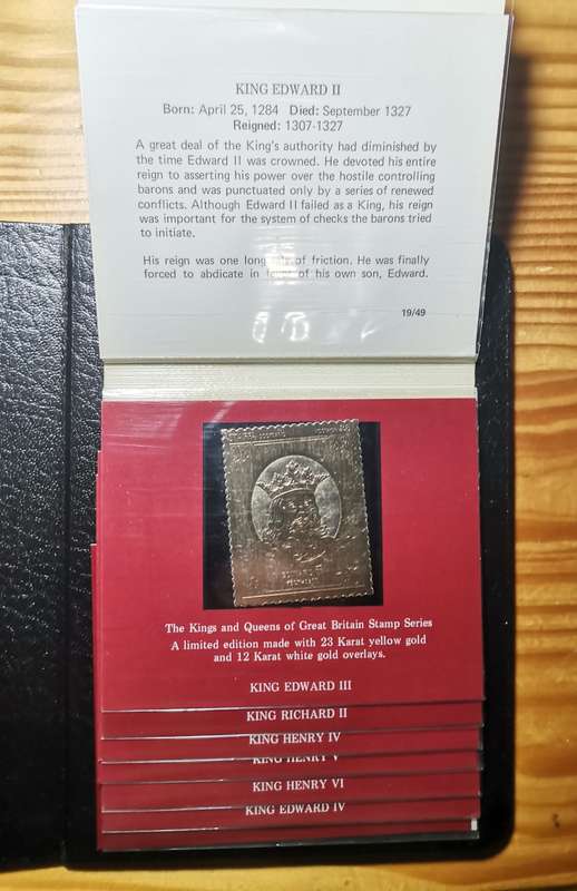 1977 SET OF 49 X 23CT GOLD STAMPS. KINGS AND QUEENS OF ENGLAND.