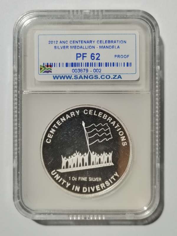 1 OUNCE SILVER MANDELA MEDALLION. ANC 100 YEARS (1912 - 2012). PF62. SCARCE.