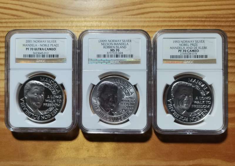 3 X TOP POP MANDELA  1 OUNCE SILVER MEDALLIONS. NGC. MINT OF NORWAY. BID PER SLAB TO TAKE ALL.