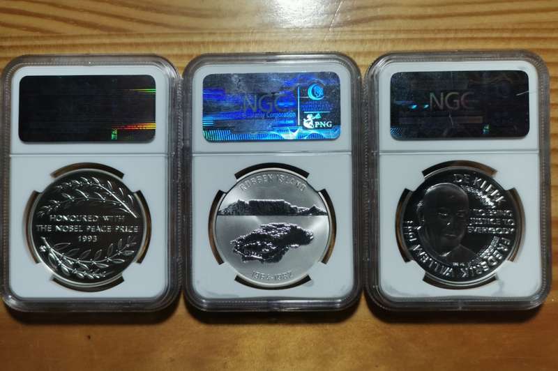 3 X TOP POP MANDELA  1 OUNCE SILVER MEDALLIONS. NGC. MINT OF NORWAY. BID PER SLAB TO TAKE ALL.