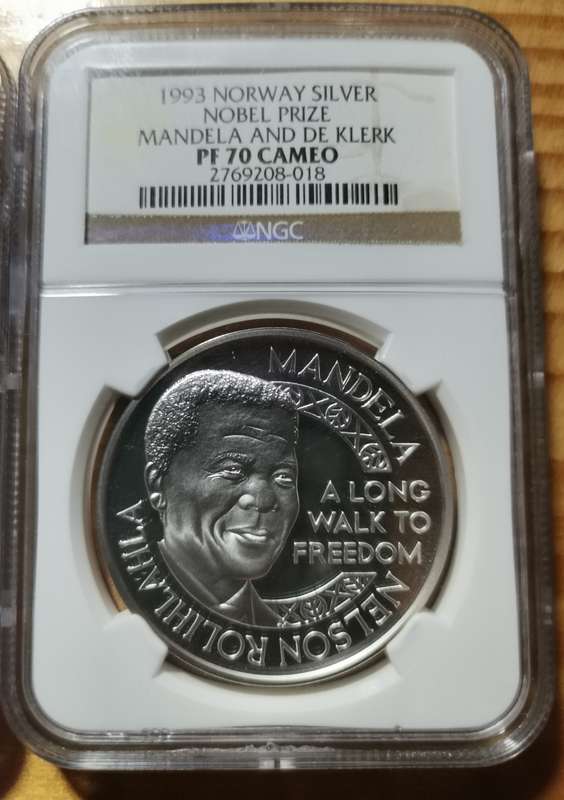 3 X TOP POP MANDELA  1 OUNCE SILVER MEDALLIONS. NGC. MINT OF NORWAY. BID PER SLAB TO TAKE ALL.
