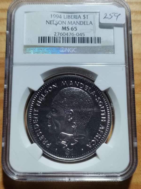 1994 LIBERIA 1 DOLLAR MANDELA MEDALLION. MS65. NGC. BEAUTIFUL.