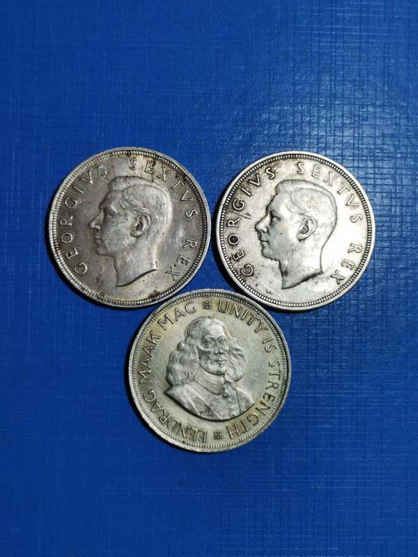 3 X SA UNION SILVER CROWNS / 50c. 50% SILVER. BID PER COIN TO TAKE ALL.