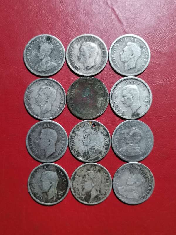 12 X SA UNION SILVER 6 PENCE COINS. 80% SILVER. BID PER COIN TO TAKE ALL 12.