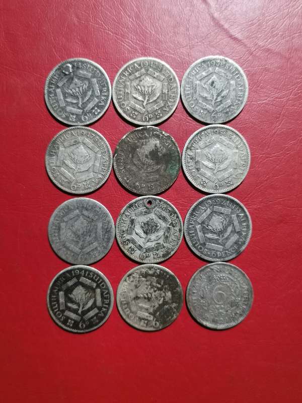 12 X SA UNION SILVER 6 PENCE COINS. 80% SILVER. BID PER COIN TO TAKE ALL 12.
