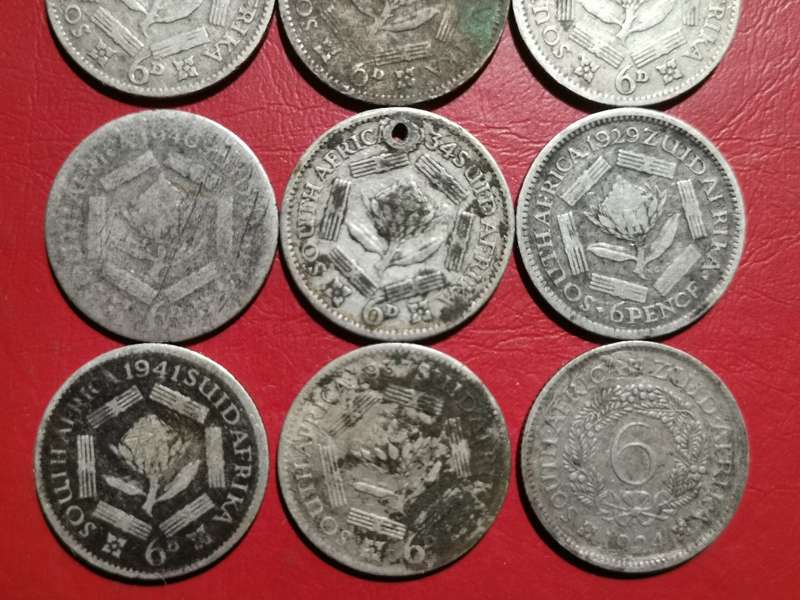 12 X SA UNION SILVER 6 PENCE COINS. 80% SILVER. BID PER COIN TO TAKE ALL 12.