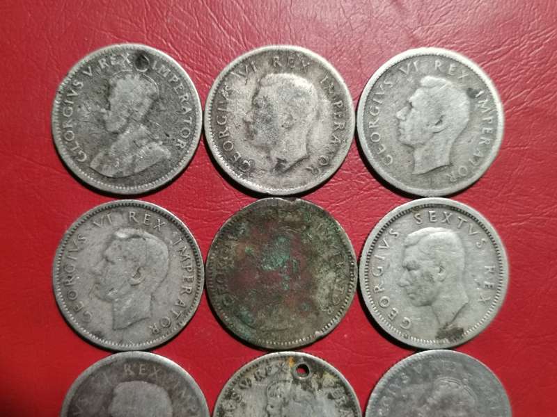 12 X SA UNION SILVER 6 PENCE COINS. 80% SILVER. BID PER COIN TO TAKE ALL 12.