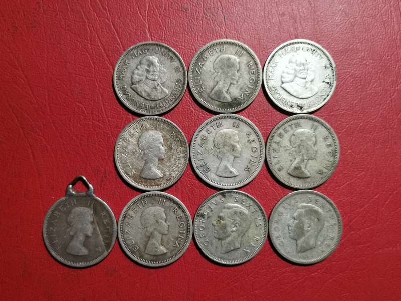 10 X SA UNION SILVER 1 SHILLINGS. 50% SILVER. BID PER COIN TO TAKE ALL 10.