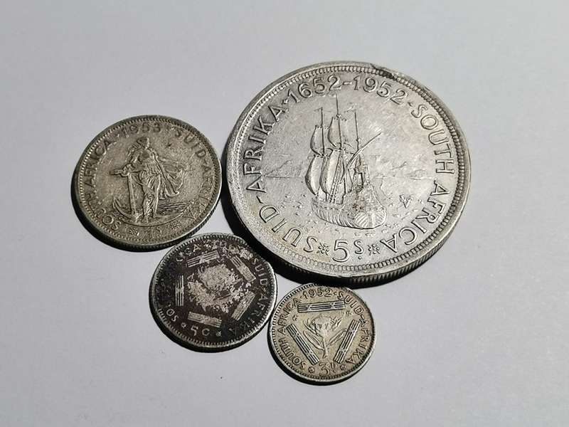 1952 SA CROWN + SILVER COINS. ALL 50% SILVER. ONE BID.