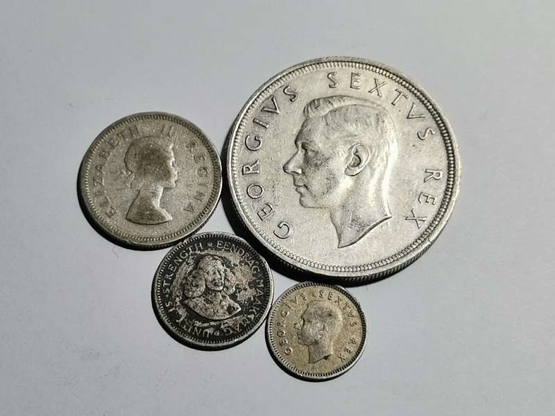 1952 SA CROWN + SILVER COINS. ALL 50% SILVER. ONE BID.