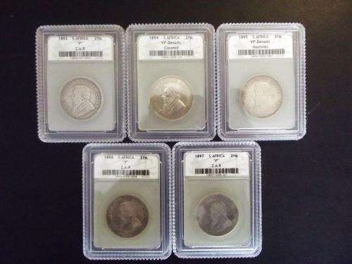 Almost complete set of details graded ZAR Halfcrowns: 1892 (!), 1894, 1895, 1896 & 1897. One bid!!!