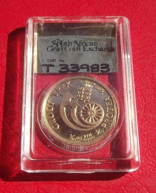 1988 PROTEA GROOT TREK 1/10 OZ FINE GOLD PROOF COIN - SEALED IN SAGCE SLAB & COA.