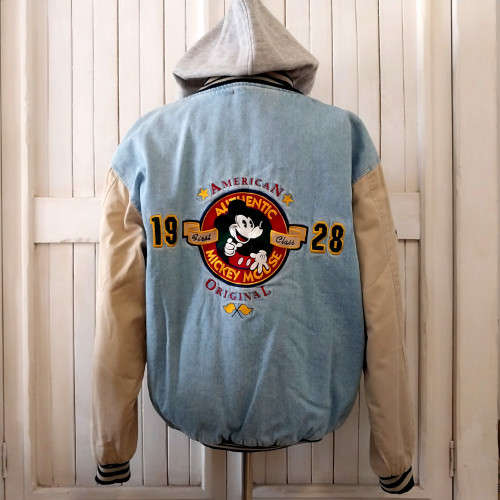 VINTAGE DISNEY MICKEY MOUSE FIRST CLASS, AMERICAN ORIGINAL VARSITY DENIM JACKET 1990s (LARGE)