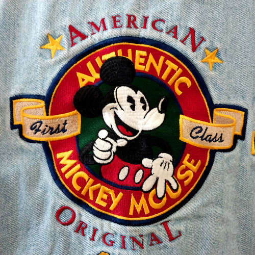 VINTAGE DISNEY MICKEY MOUSE FIRST CLASS, AMERICAN ORIGINAL VARSITY DENIM JACKET 1990s (LARGE)