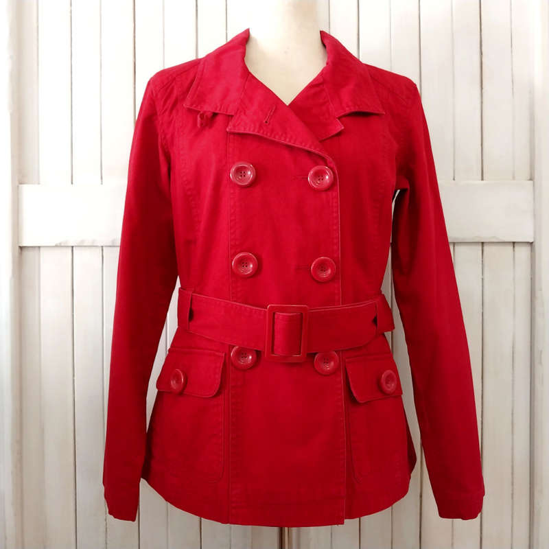WOOLWORTHS DOUBLE BREASTED 100% THICK COTTON TWILL TRENCH COAT - DEEP RICH RED