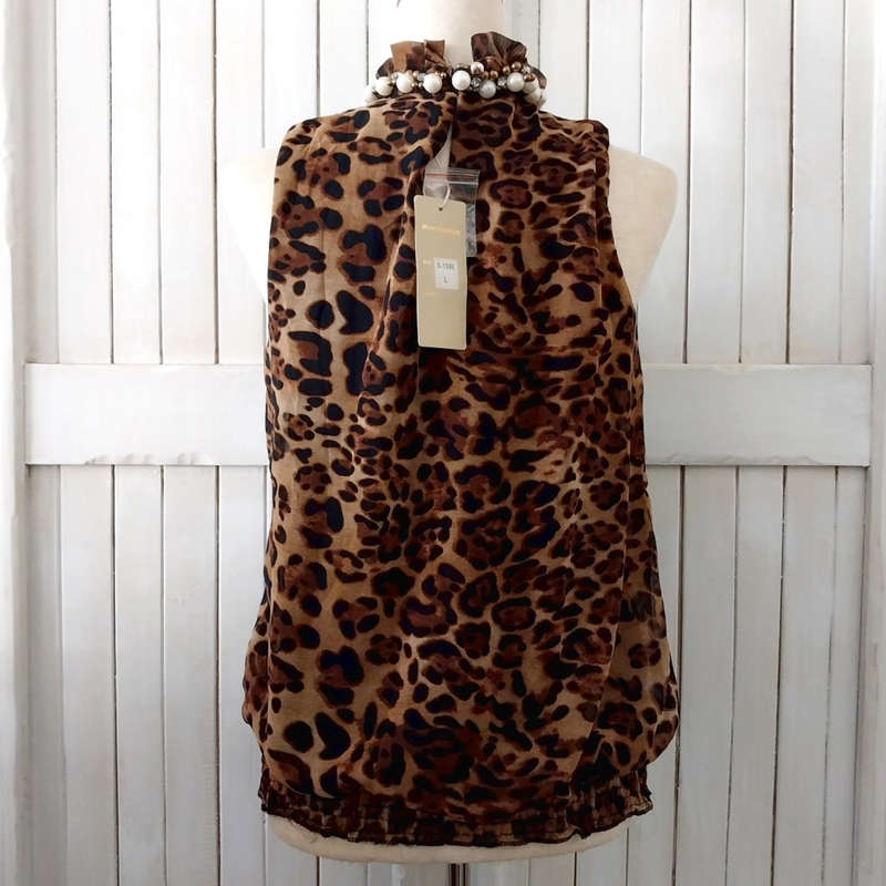 LEOPARD PRINT BUBBLE BLOUSE WITH PEARL EMBELLISHMENT NECKLINE