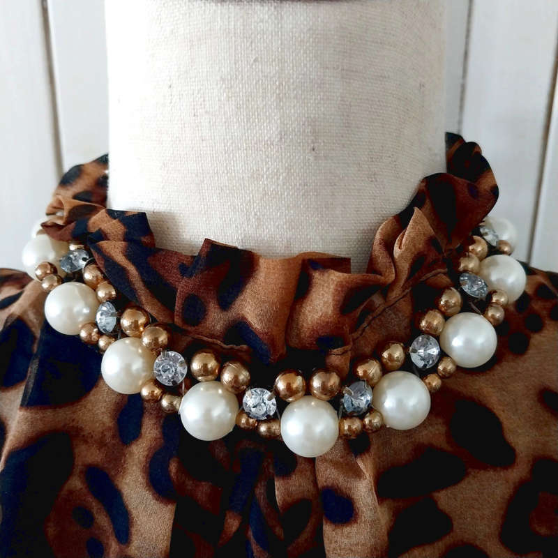 LEOPARD PRINT BUBBLE BLOUSE WITH PEARL EMBELLISHMENT NECKLINE