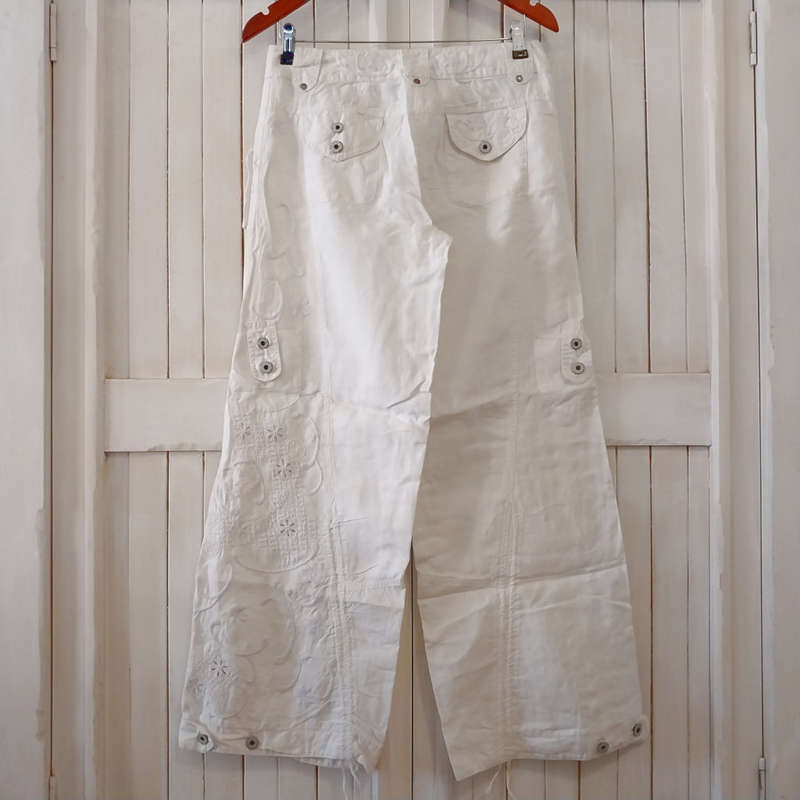 NEXT 100% LINEN EMBROIDERY ANGLAISE CARGO PANTS - WHITE