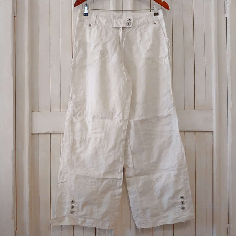 NEXT 100% LINEN EMBROIDERY ANGLAISE CARGO PANTS - WHITE
