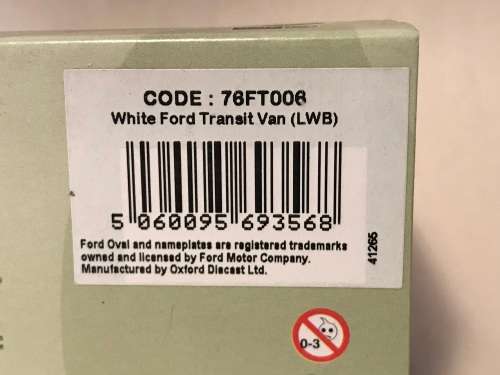 Oxford Diecast 76FT006 Ford Transit high top LWB van in plain white