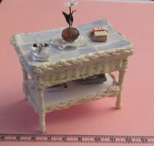 Dollhouse Miniature 1:12" scale - wicker table with faux tiled top. All handmade!