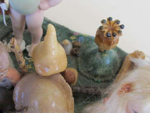 3 miniature fairy dolls in a mushroom garden (larger than 1:12" scale)