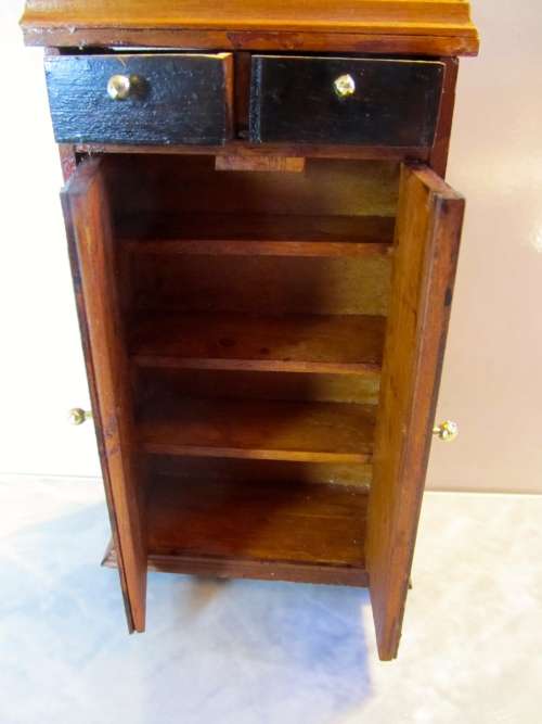 Miniature Dollhouse 1/12"  scale - wooden handmade two tone cupboard with drawers and shelves