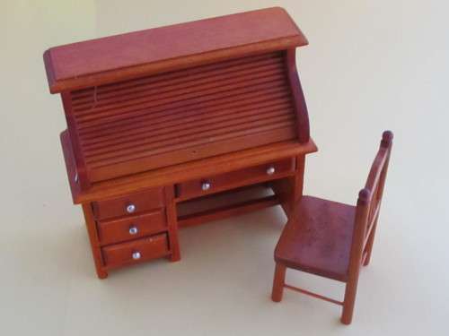Miniature Dollhouse 1/12" - writing desk with closing roll top and drawers - chair included