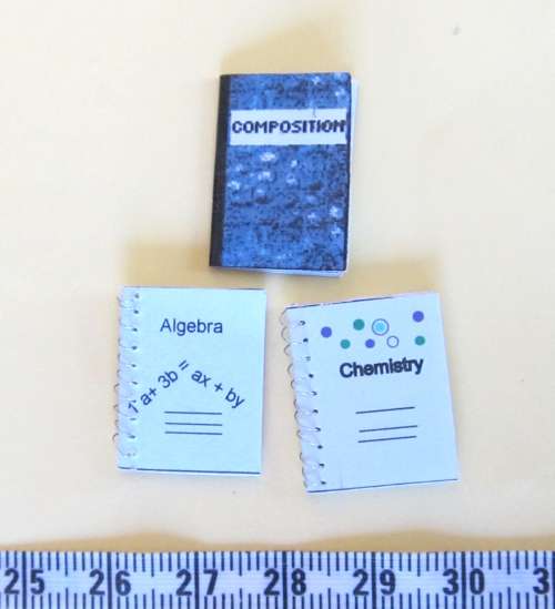 Miniature Dollhouse 1/12" scale - 3 schoolbooks with real lined pages 2 are spiral bound -  handmade