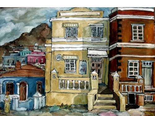 "Yellow house Cape Malay Quarter" 700x 500mm!Large! Original oil by IRMA DE WAAL Hang as is!!