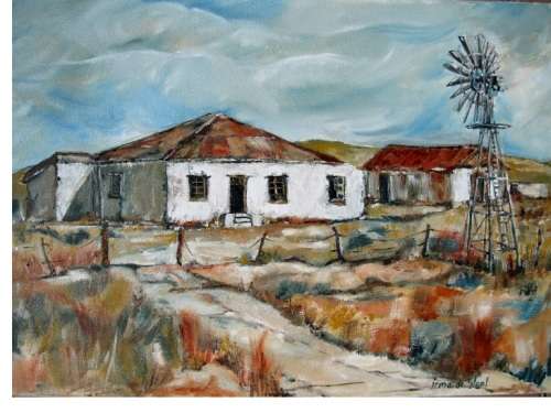 Super value! 700x 500mm! Large! Original oil by IRMA DE WAAL "Desolate farmhouse"